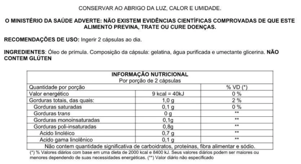 Óleo de Prímula Nutramed 500mg - Informações nutricionais